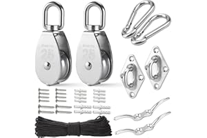 LAIWOO M25 Stainless Steel Pulley System Kit-Heavy-Duty Pulley Wheel, Pulley Block with Nylon Rope 4MM, Hooks, Eye Pad Plate, and Rope Cleat - Ideal for Lifting, DIY Projects, and Clothesline (2 Pack)