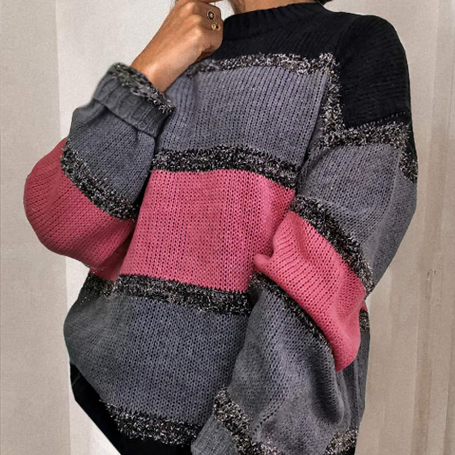 plain lapel patchwork winter loose sweater