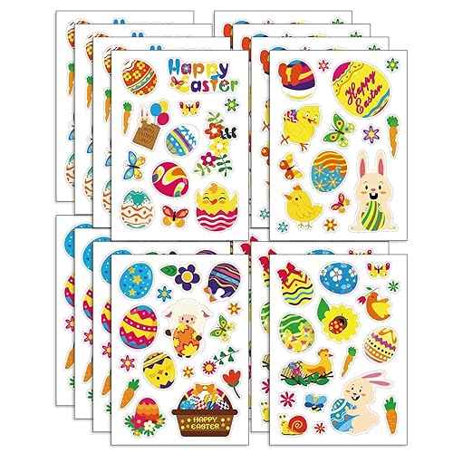 16 Sheets Easter Stickers, Easter Window Stickers, Self-Adhesive Tags Easter Decoration DIY, Easter Eggs, Baskets, Chicks, Flowers, Carrots Craft Stickers for Decorations