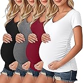 Ficerd 4 Pack Womens Maternity T-Shirts, V Neck Pregnancy Clothes Casual Short Sleeve Side Ruched Pregnant Shirts