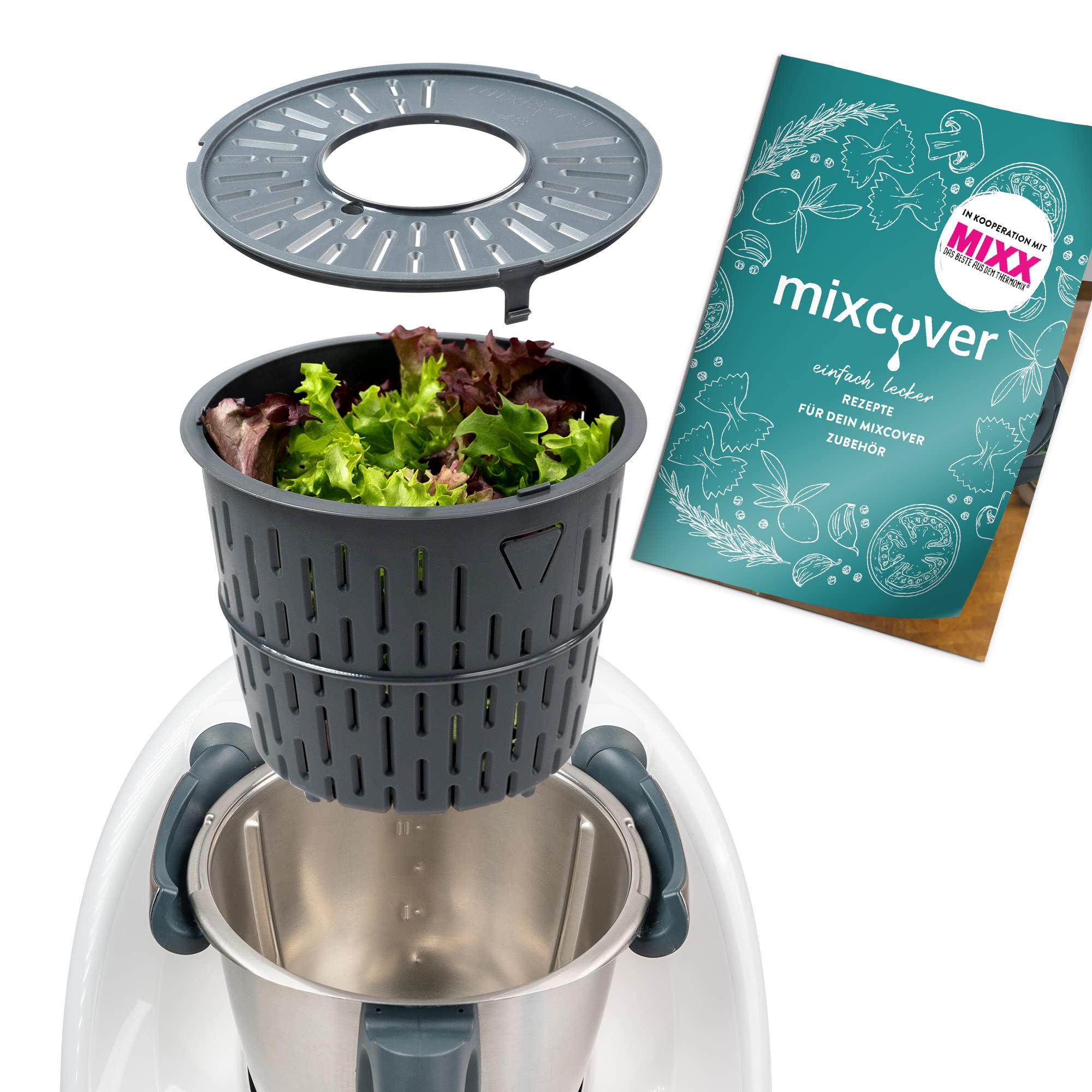 mixcover Improved Version Salad Spinner with Ebook Recipe Book Compatible with Thermomix TM7 TM6 TM5 - Washing and Drying Salad - Salad Dryer - Also Suitable for Cooking