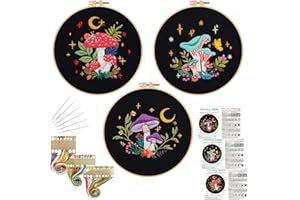 Louise Maelys 3 Packs Mushroom Embroidery Kits for Beginners with Art Night pattern, Adults Starter Cross Stitch DIY Needlepo