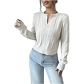 SOLY HUX Women's Long Sleeve Cropped Sweater Pullover Cable Knit Notched V Neck Fall Tops