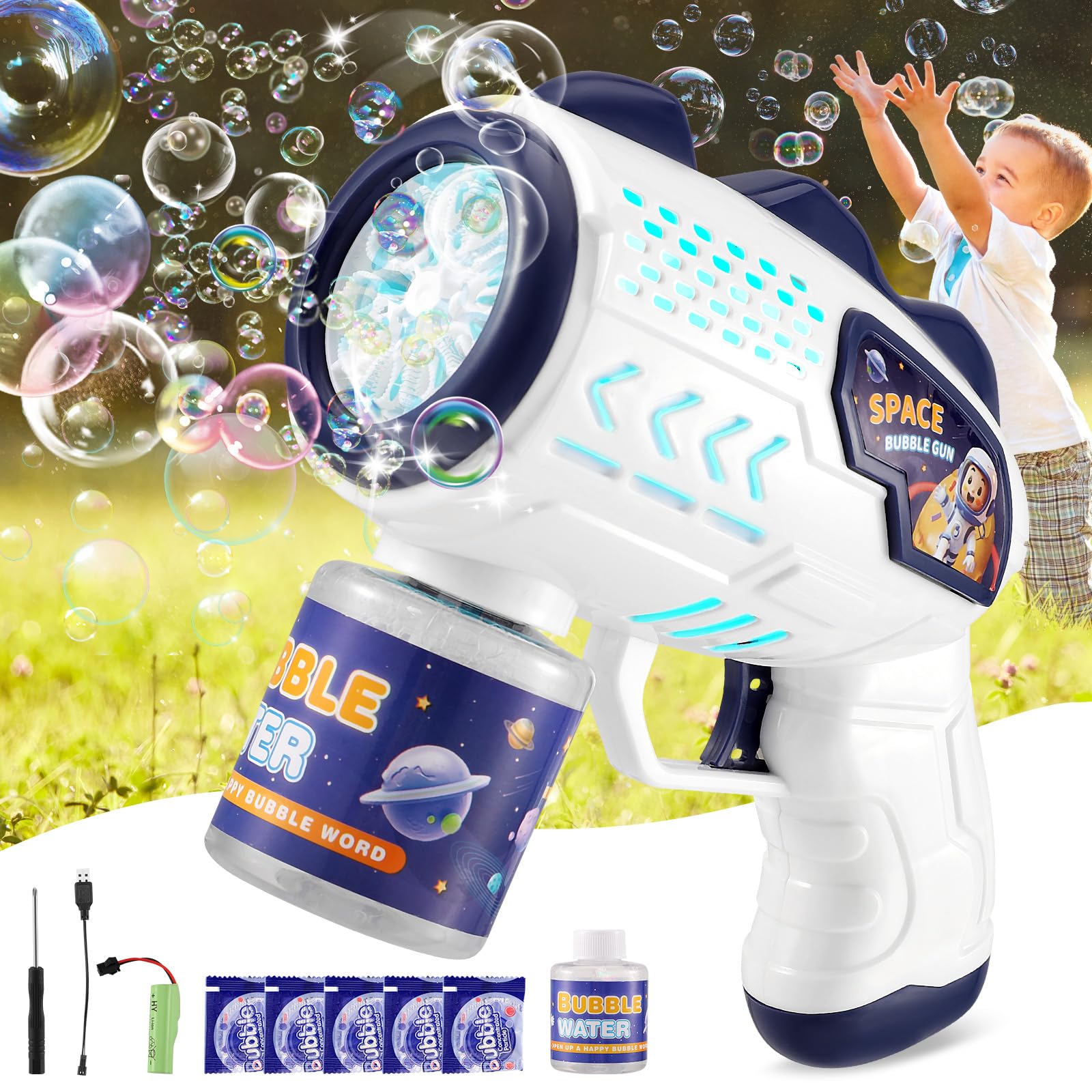 Automatic Bubble Machine, Rechargeable Bubble Gun with LED Light & Bubble Solution,10000+ Bubbles Per Min Bubble Blaster Maker, 10 Holes Bubble Maker for Kids Adults, Outdoor Party Bubbles Blower Toys