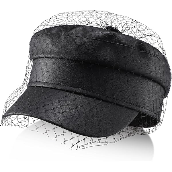 Beret Hats for Women PU Leather Newsboy Fiddler Cap with Veil