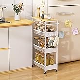 Vincona Slim Rolling Utility Cart, 4 Tier Metal Narrow Storage Cart with Handle and Wood Top, Multifunctional Small Mobile Shelf Unit Organizer Trolley for Laundry, Bathroom, Kitchen