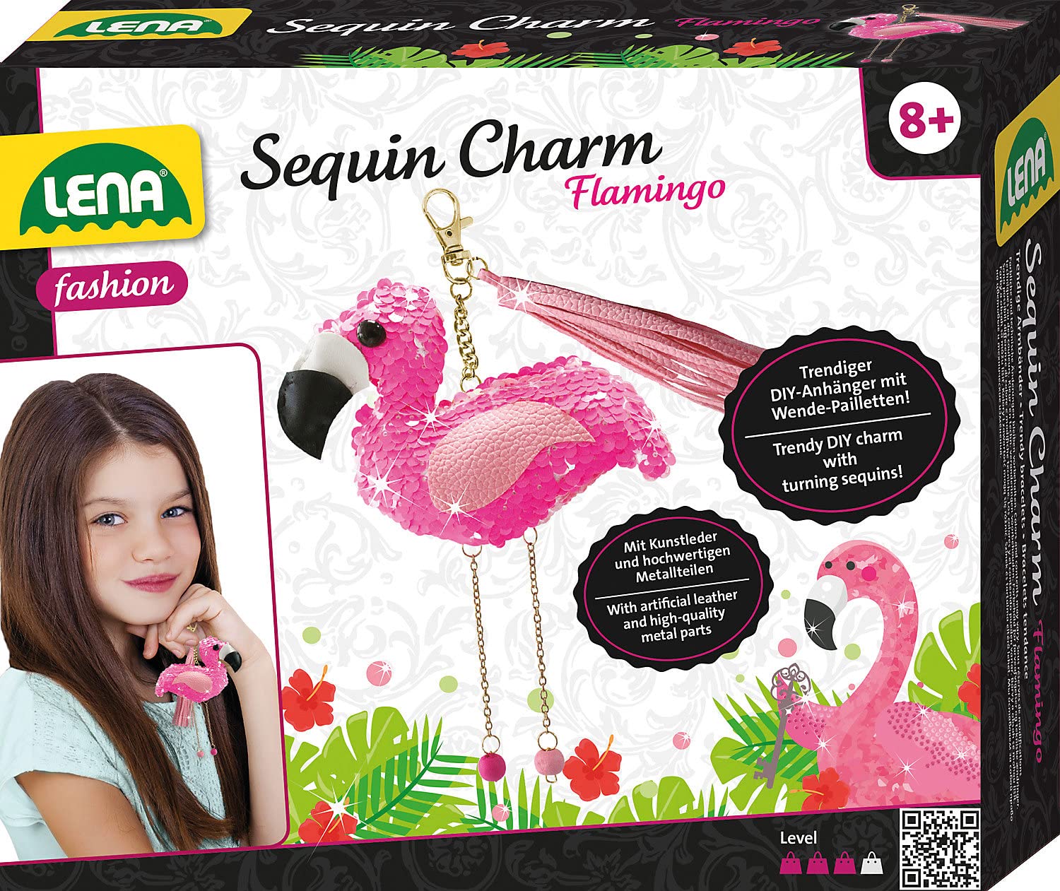 Lena 42659 Craft Set Sequin Charm Flamingo Complete Set for 1 Sequin Lucky Charm/Key Ring with Faux Leather Ribbon, Beads, Needle, Filling Wool and Instructions (English language not guaranteed),