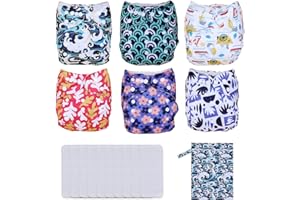 TDIAPERS Cloth Diapers Washable Reusable One Size Adjustable for Baby 6 Pack with 10 Inserts, 1 Wet Bag