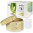 YUHO 10 Inch Bamboo Steamer Basket, 2 Tier Steamer for Cooking, 10 Paper Liners, Perfect For Dim Sum, Chicken, Fish, Veggies,