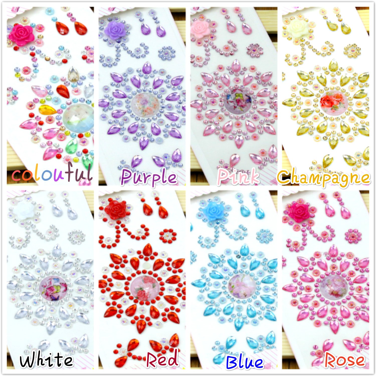 1480 Pieces Self-adhesive Craft Jewels, Morkia 8 Sheets Self-adhesive Rhinestone Stickers Stick-on Crystal Gem Sheets for DIY Crafts Decoration, Assorted Colors, Square, Round and Heart Shaped