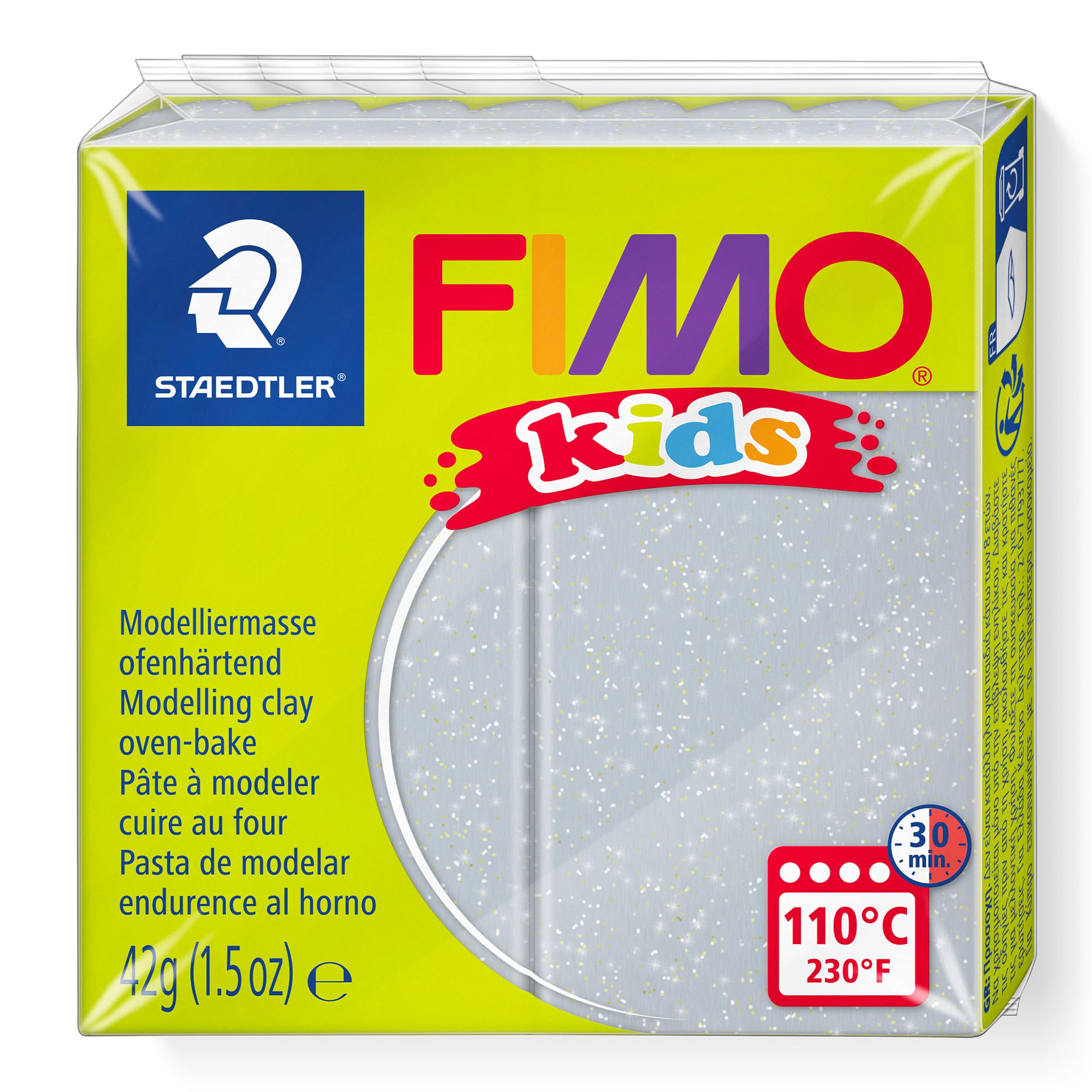 STAEDTLER 8030-812 FIMO Kids Soft Polymer Modelling Clay - Glitter Silver (Single Block, 42g)