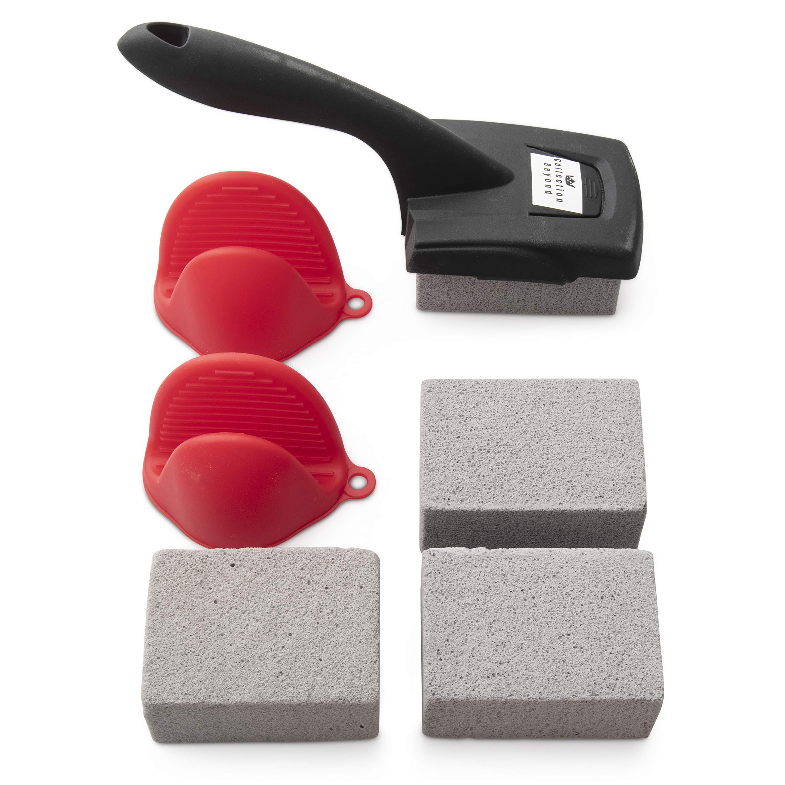 Collection Beyond BBQ Cleaning Bricks - 4 Pack of Pumice Stones with a Black Handle Holder - Grill Cleaning Kit - Complete with Silicone Gloves