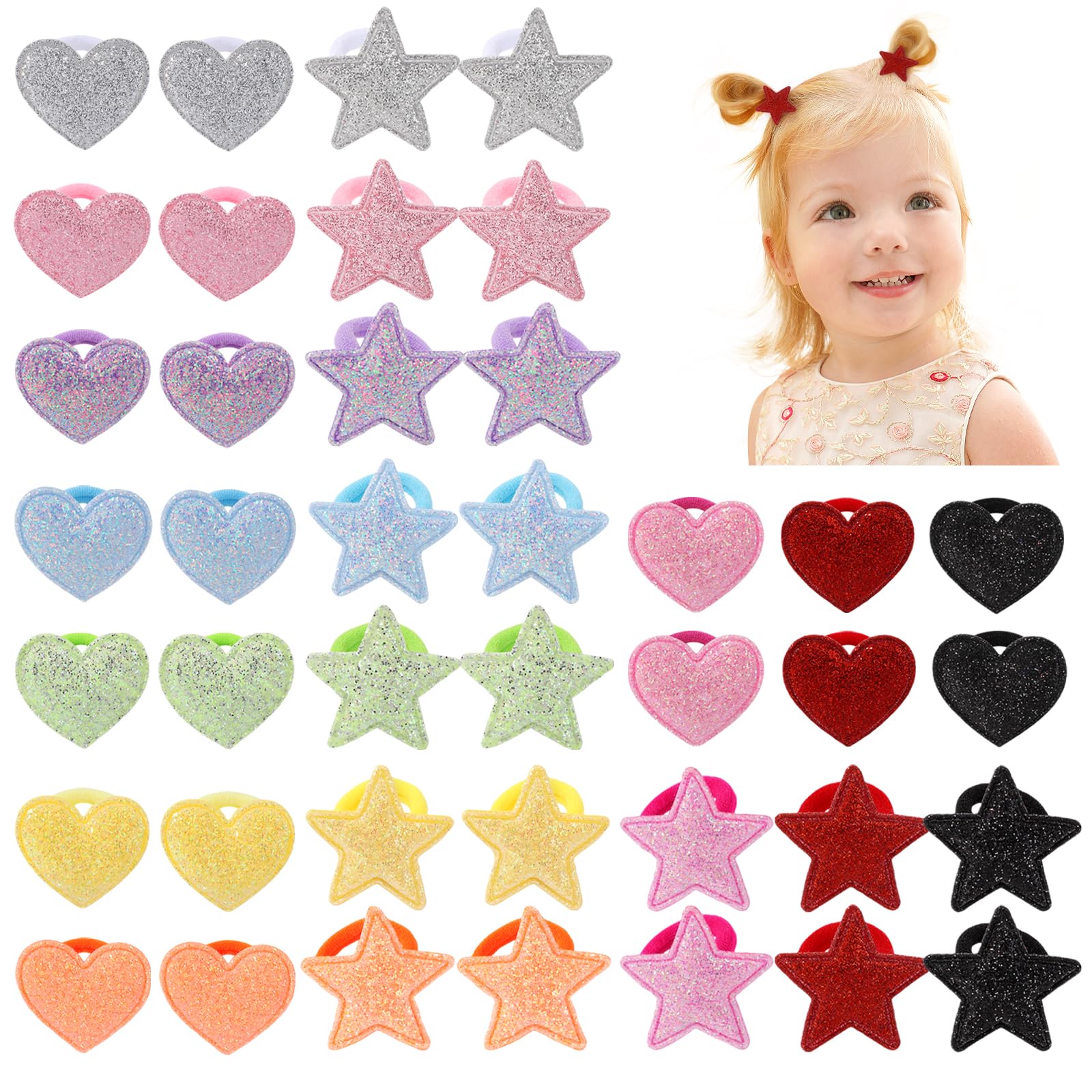 Photo 1 of yoyokid 40PCS Glitter Hair Ties for Girls, Heart Star Nylon Hair Bands Elastics Pigtail Ponytail Holders Hair Accessories for Toddler Baby Girls Children Kids Teens