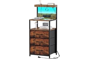 SZLHANJZ Nightstand, Dresser Nightstand with Charging Station, 3 Drawers Night Stand with Storage and LED Lights, 3 Shelves and Hooks, End Side Table for Bedroom, Rustic Brown