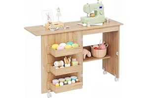 Flrrtenv Folding Sewing Table Multipurpose Craft Station & Side Desk with Compact Design, Wheels, Shelves, Bins, Pegs, Magnet