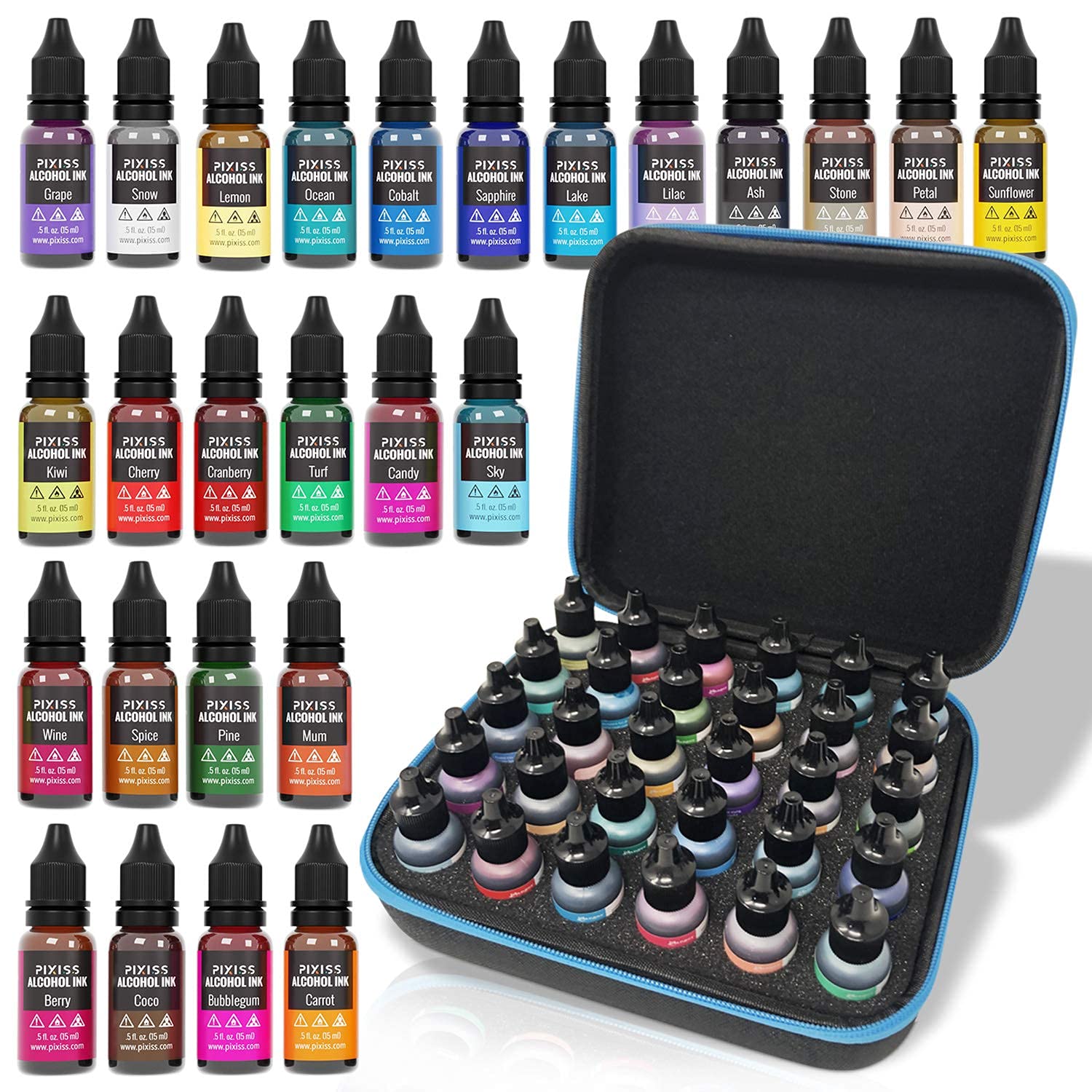 Pixiss Alcohol Ink Set - 25 Large Highly Saturated Colors - (15ml/.5oz), Alcohol Ink Storage Carrying Case Organizer by Pixiss, Stores 30x 0.5-Ounce Bottles of Alcohol Ink