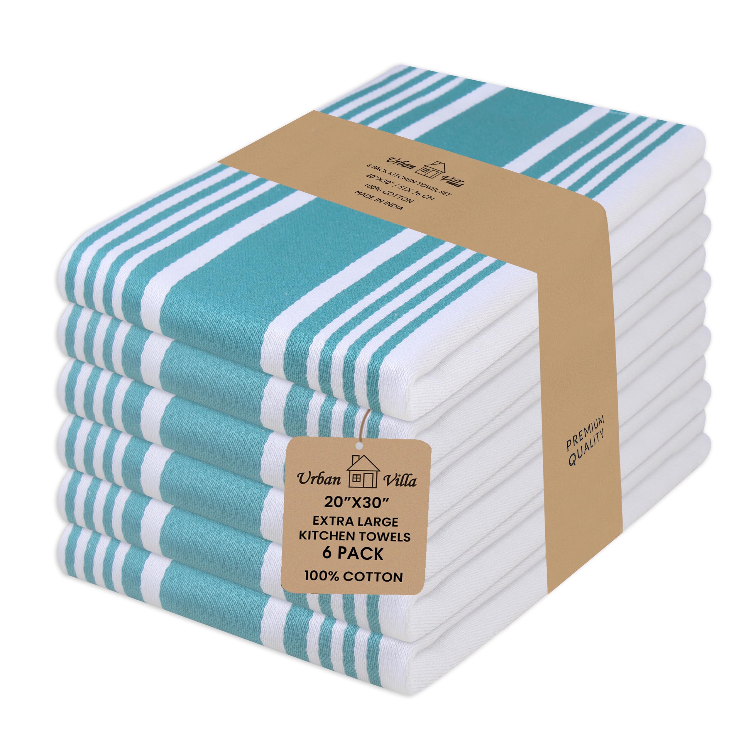Urban Villa Kitchen Towels,Trendy Stripes, 100% Cotton Dish Towels, Mitered Corners, (Size: 51x76 CMS Teal/White Highly Absorbent Bar Towels & Tea Towels - (Set of 6)