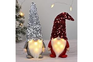 D-FantiX 2Pack Sequin Christmas Gnomes Plush with LED Lighting Beard, Handmade Swedish Tomte Santa Scandinavian Figurine Nordic Plush Elf Doll Gnome Ornaments Christmas Decorations Home Decor