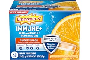 Emergen-C Immune+ Triple Action Immune Support Powder, BetaVia (R), 1000mg Vitamin C, B Vitamins, Vitamin D and Antioxidants, Super Orange, Back to School Essentials – 50 Count
