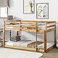 LUKEEHOM Bunk Bed Twin Over Twin, Wood Low Profile Floor Twin Bunk Beds with Ladder Guardrails for Kids Boys and Girls, No Box Spring Needed