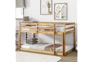 LUKEEHOM Bunk Bed Twin Over Twin, Wood Low Profile Floor Twin Bunk Beds with Ladder Guardrails for Kids Boys and Girls, No Box Spring Needed