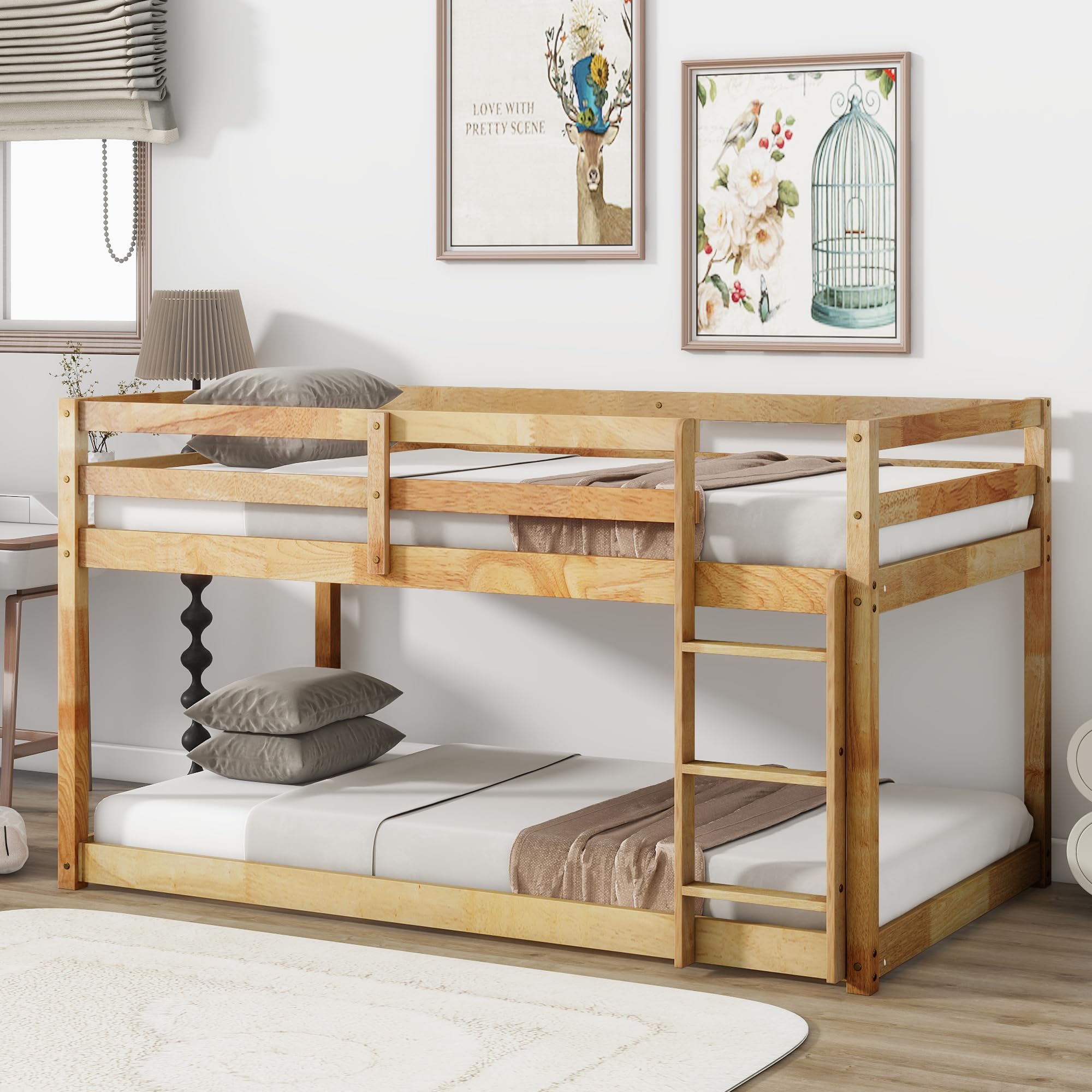 View 1 of ****IMAGE REFERENCE***LUKEEHOM Bunk Bed Twin Over Twin, Wood Low Profile Floor Twin Bunk Beds with Ladder Guardrails for Kids Boys and Girls, No Box Spring Needed