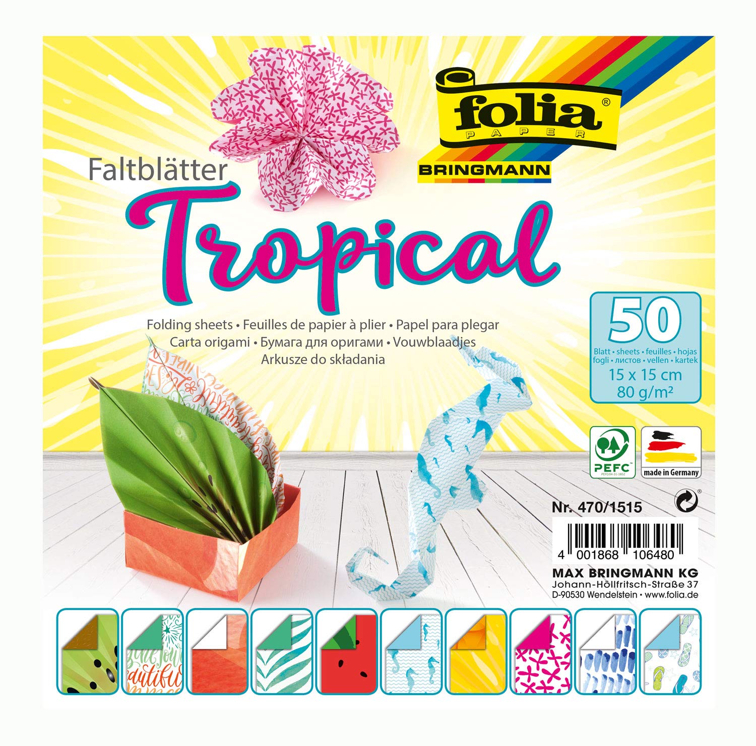 folia 470/1515 Folding Sheets Tropical 15 x 15 cm 80 g/m² 50 Sheets Assorted in 10 Designs Ideal for Beautiful Folding Figures and Shapes