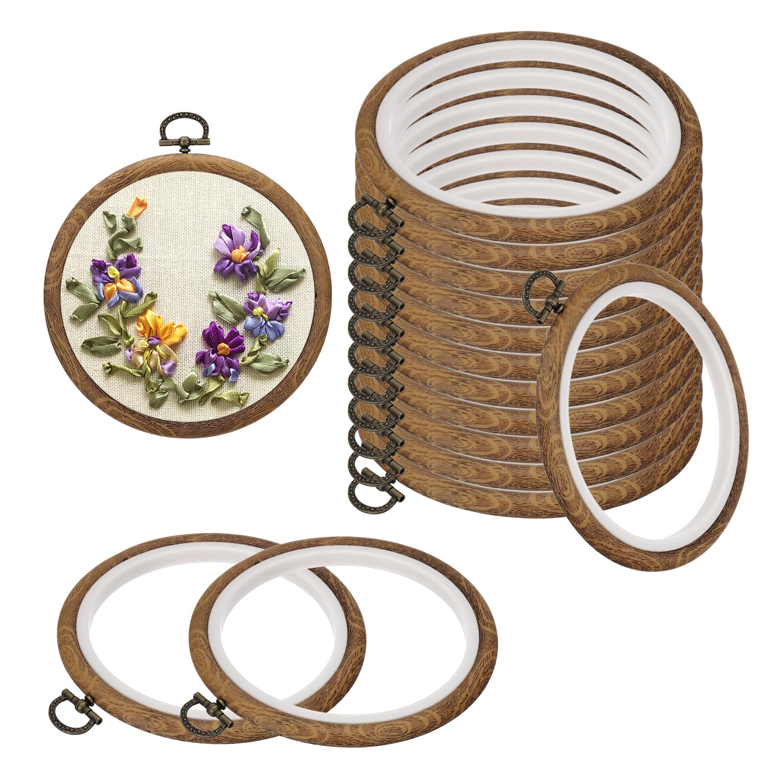 PATIKIL 5inch Embroidery Hoops, 15Pieces Imitated Wood Circle Frame Cross Stitch Hoop Ring for Embroidery Art Craft Sewing Ornaments Hanging Decoration