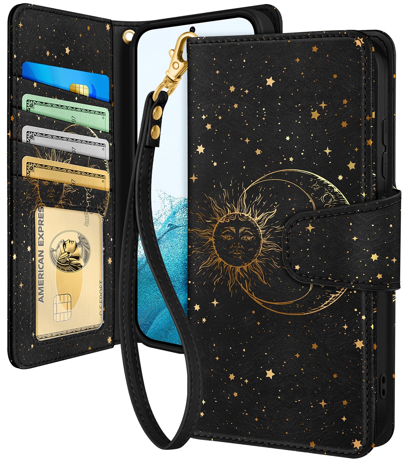 Toycamp for Samsung Galaxy S21 FE Wallet Case with Wrist Strap - Leather Flip Folio Cover with RFID Blocking 4 Card Slots Galaxy S21 FE 5G Cute Aesthetic for Women Lady, Black Sun Moon