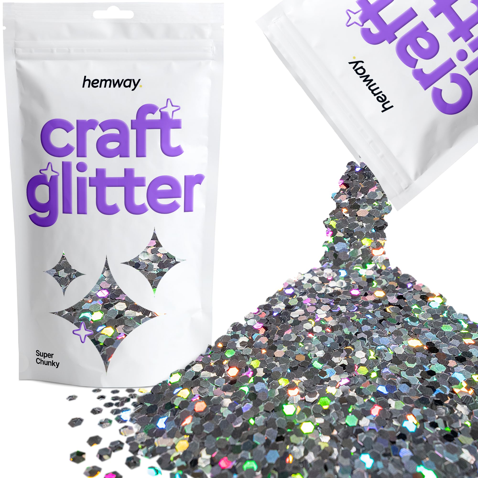 Hemway Craft Glitter Gun Metal Grey Holographic 100g Super Chunky Glitter for Crafts, Resin, Cosmetic, Nail, Face, Body, Festival, Tumblers, Art, Candle, Crafting