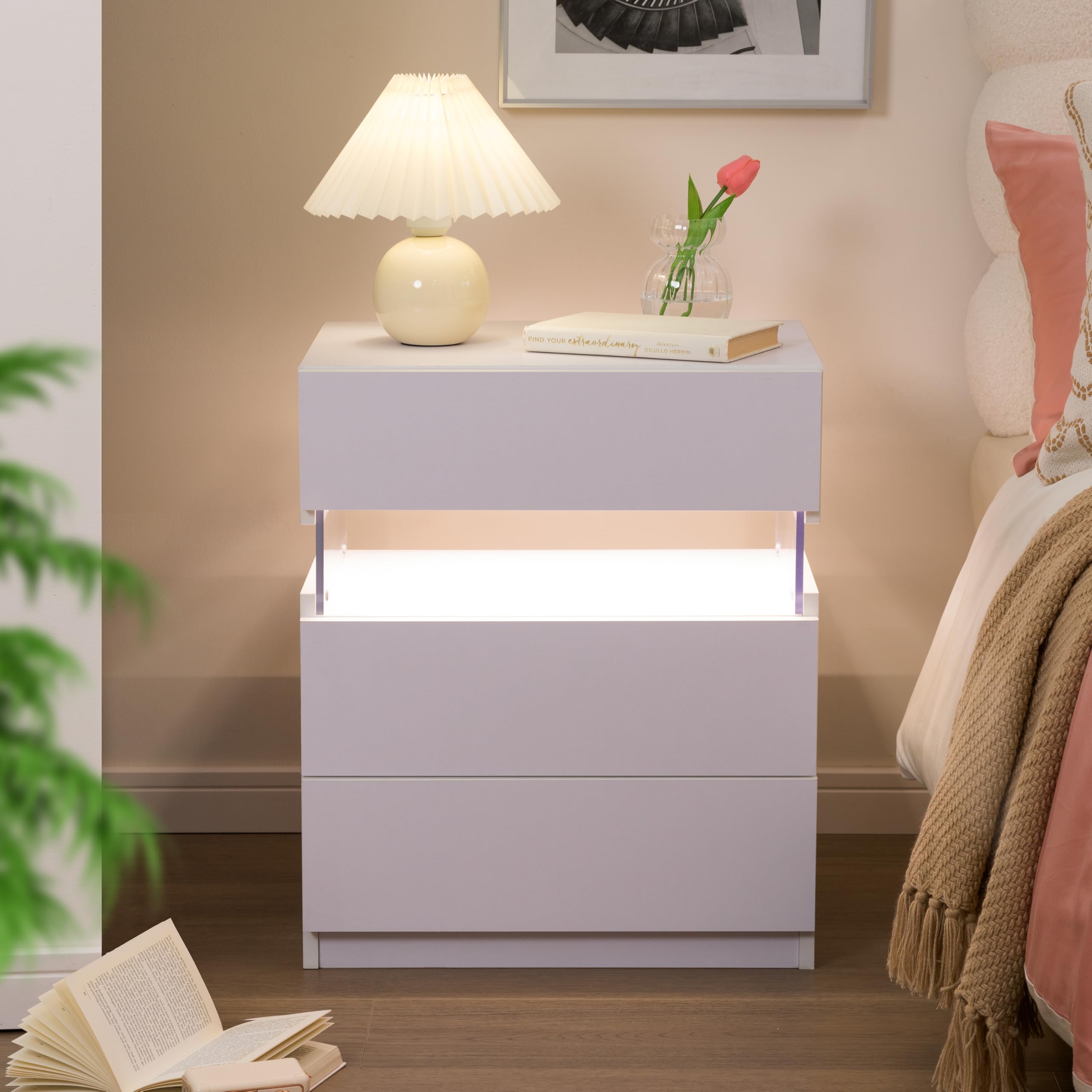 Cubehom Nachttisch 2er Set Weiß Nachtschrank mit 3 Schubladen Beistellschrank Nachttisch mit LED-Beleuchtung für Schlafzimmer, Weiß 2