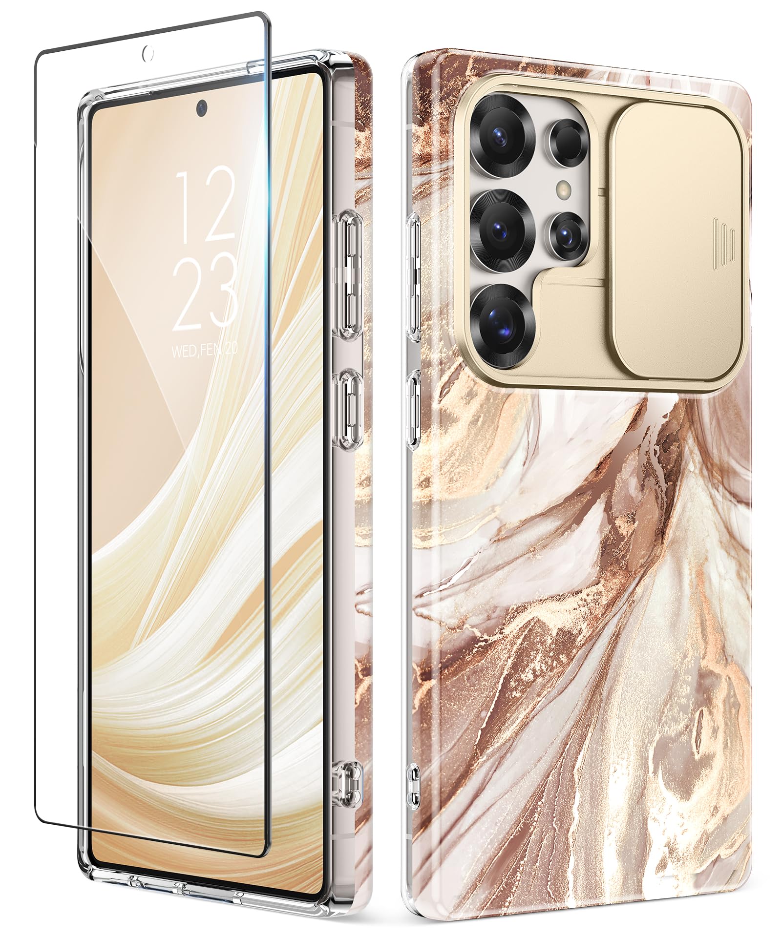 Photo 1 of GVIEWIN for Samsung Galaxy S25 Ultra Case with Slide Camera Cover, [Screen Protector] [Shockproof Military Grade Drop Protection] Marble Slim Fit Hard PC Phone Cover S25 Ultra 6.9" 2025 (Topaz)