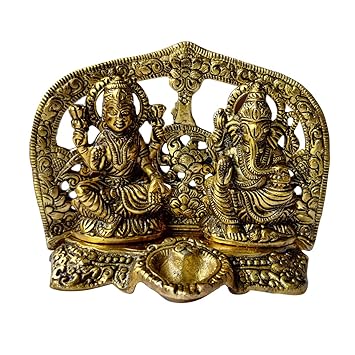 ShubhanjaliOil Lamp Diya Deepak,Metal Lakshmi Ganesh Statue,Laxmi Ganesh Idol Decorative Platter with Diya,Metal Gold Plated Lakshmi Ganesha Idols for Diwali Gifts Puja,Murti for Pooja