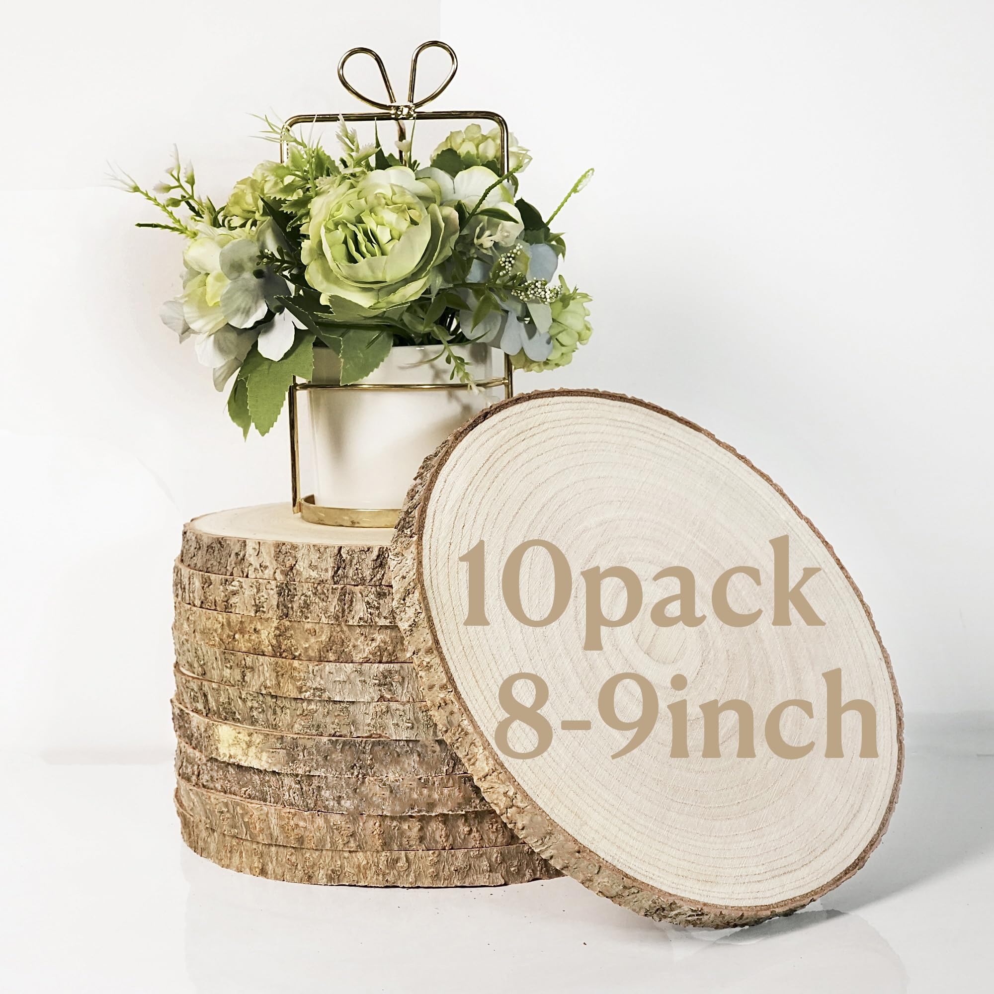 Photo 1 of 10 Pcs Large Wood Slices for Centerpieces - Rustic Wood Centerpieces for Tables, Natural Wood Slabs, Ideal for Weddings, Crafts, and DIY Projects (8-9 inch)
