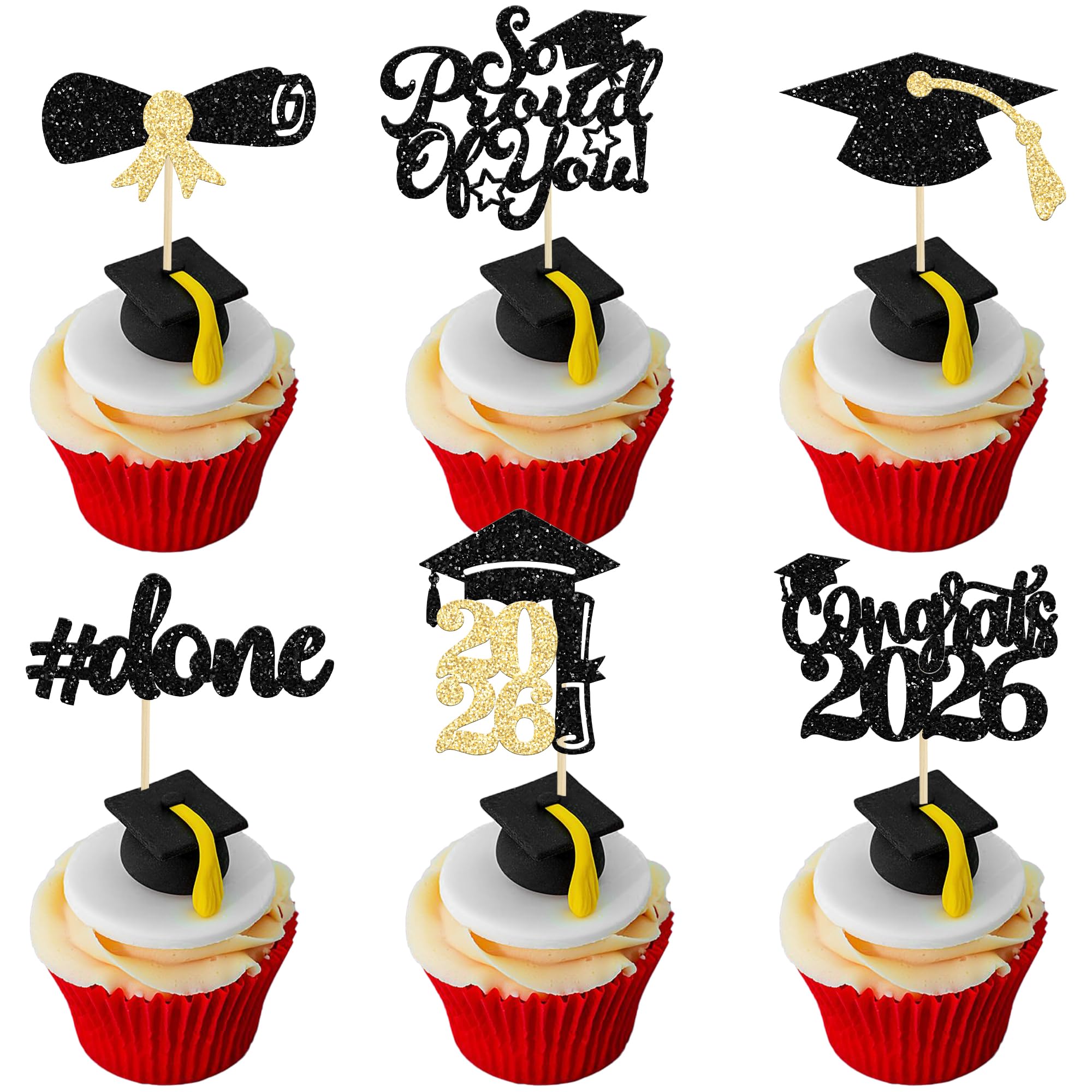 Gyufise 24Pcs Black Glitter 2026 Graduation Cupcake Toppers Glitter Congrats Class of 2026 Diploma Done Grad Cap Cupcake Picks So Proud of you Cake Decorations for 2026 Graduation Theme Party Supplies