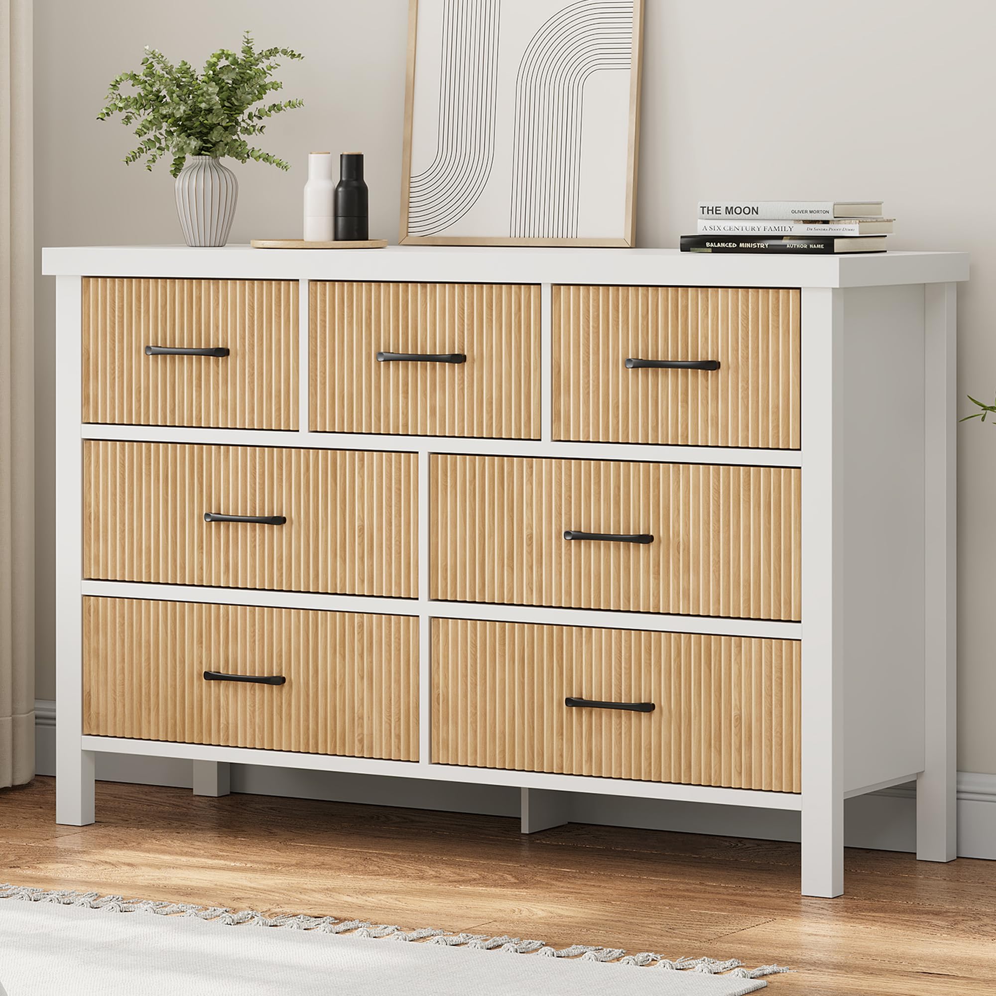 Photo 1 of *******************Missing 3 drawer faces***************
Jocoevol White Dresser 7 Drawer Dresser for Bedroom, Modern Fluted Dresser with Solid Wood Legs, Long Double Wooden Dresser Large Chest of Drawers for Living Room, Entryway, Hallway (Wood Fluted)