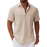 COOFANDY Men's Button Down Short Sleeve Shirt Casual Cotton Summer Beach Linen Wedding Shirts with Pocket