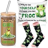Layhit 3 Pcs Valentine's Day Frog Gifts for Women Thank You Gift 16 oz Coffee Glass Cosmetic Makeup Bag Cute Socks Graduation Mother's Day Gift for Frog Lovers