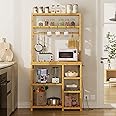 FORABAMB Bakers Rack with Power Outlets, 8-Tier Microwave Stand, Kitchen Utility Storage Shelf 10 S-Shaped Hooks, Coffee Bar Table Station, Standing Rack, 31.5 x 15.7 x 65 Inches, Bamboo