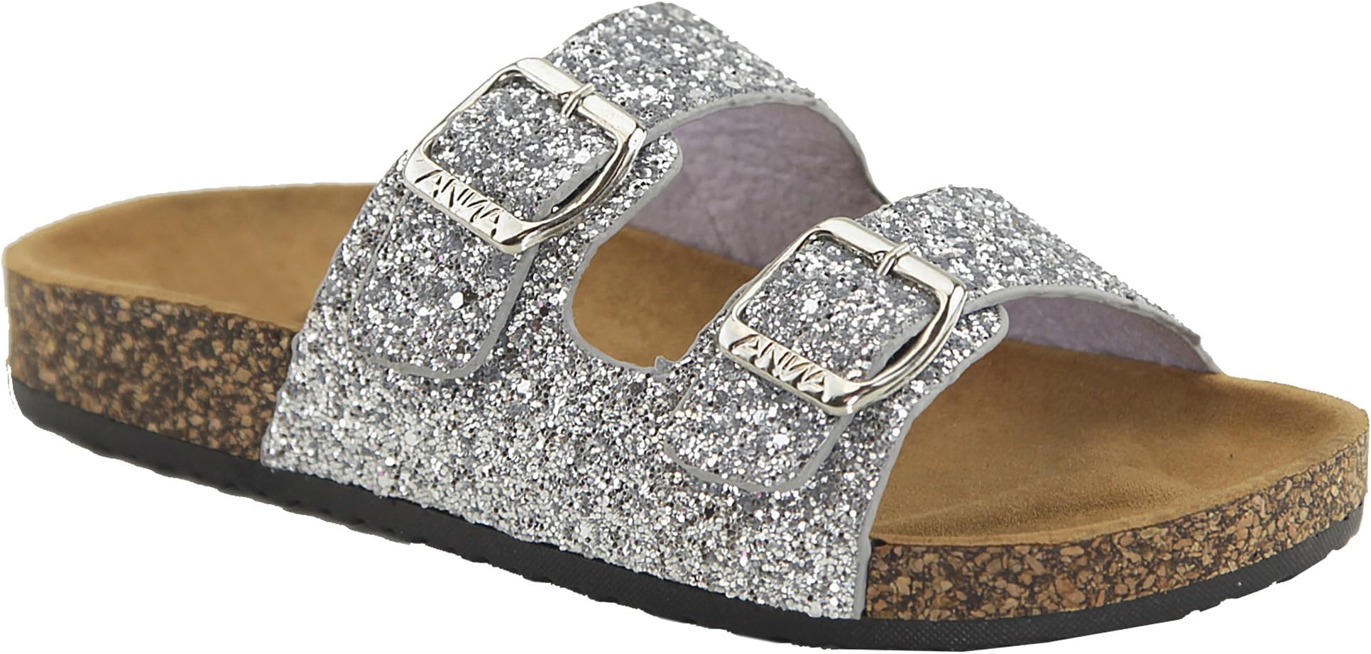 Women's Glitter Solid Double Strap Cork Sole Slide Sandals