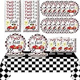 Two Fast Birthday Party Supplies Serves 24 Race Car 2nd Party Paper Plates Napkins Set Racing Car Tablecloth Tableware Kit for Two Years Old Party Baby Shower Decorations Favors for Boys, Serve 24