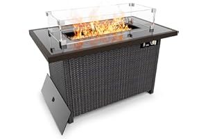 Outdoor Fire Pits,PAMAPIC Propane Fire Pit Table with Glass Wind Guard,42 Inch 50,000 BTU Auto-Ignition Outdoor Fire Tables for Garden Patio Backyard Deck Poolside