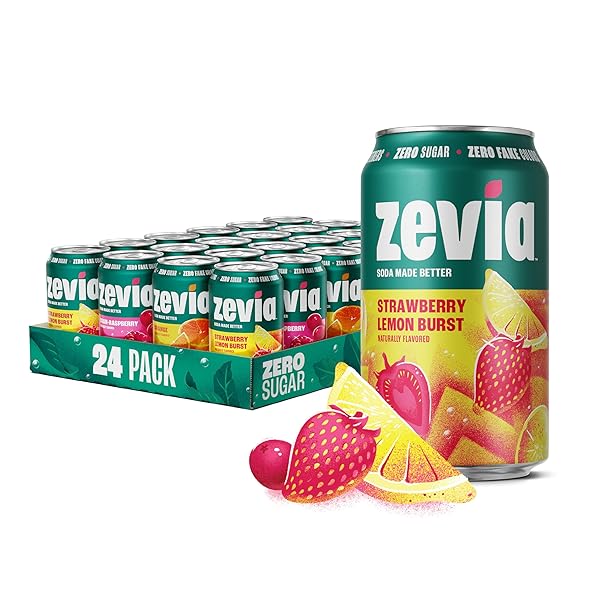 ZEVIA ZERO SUGAR SODA, FRUITY VARIETY PACK, 12 OZ CANS (24-PACK) – NATURALLY SWEETENED, ZERO CALORIE SUGAR FREE SODA – NON-GMO PROJECT VERIFIED, GLUTEN-FREE, VEGAN