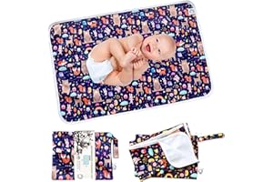 FLOCK THREE Flockthree Waterproof Baby Changing Pad with Storage Bag (43.3" X 28.7") Washable Wipeable Reusable Leak Proof Diaper Travel Mat Station Changing Mattress Liner Cribs Bed Cover, Animals