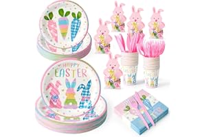 140 Pcs Easter Tableware Set Party Supplies for 20 Guests Disposable Paper Plates, Cups, Napkins Forks Set Decorations for Ea
