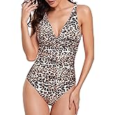 Smismivo Women's Tummy Control Swimsuit One Piece Slimming Ruched Push Up Bathing Suit Vintage Padded Retro V Neck Swimwear