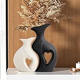 Black and White Vase Heart Shape Ceramic Vase Set of 2,Modern Boho Hollow Flower Vases,Nordic Aesthetic Decor,Decorative Vases for Room,Home Book Shelf,Fireplace,Table Decor