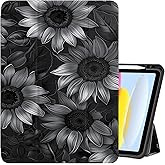 Cabreche Compatible with iPad (A16) 11th Generation 11 Inch 2025,10th Generation Case 2022,iPad 10.9 Inch Case Pencil Holder Soft Back Auto Sleep/Wake Cover Women Girls Cute-Black Sunflower