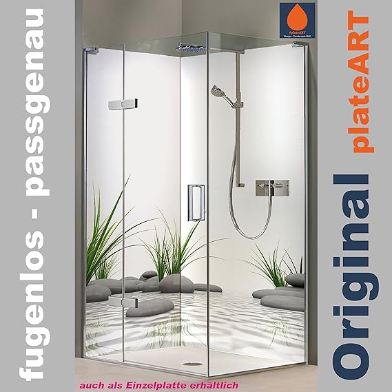 ORIGINAL plateART Eck-Duschrückwand, Wandverkleidung, Wandbild, Rückwand Alu-Dibond OHNE FUGEN, Fliesenersatz, Zen-Motiv Gras