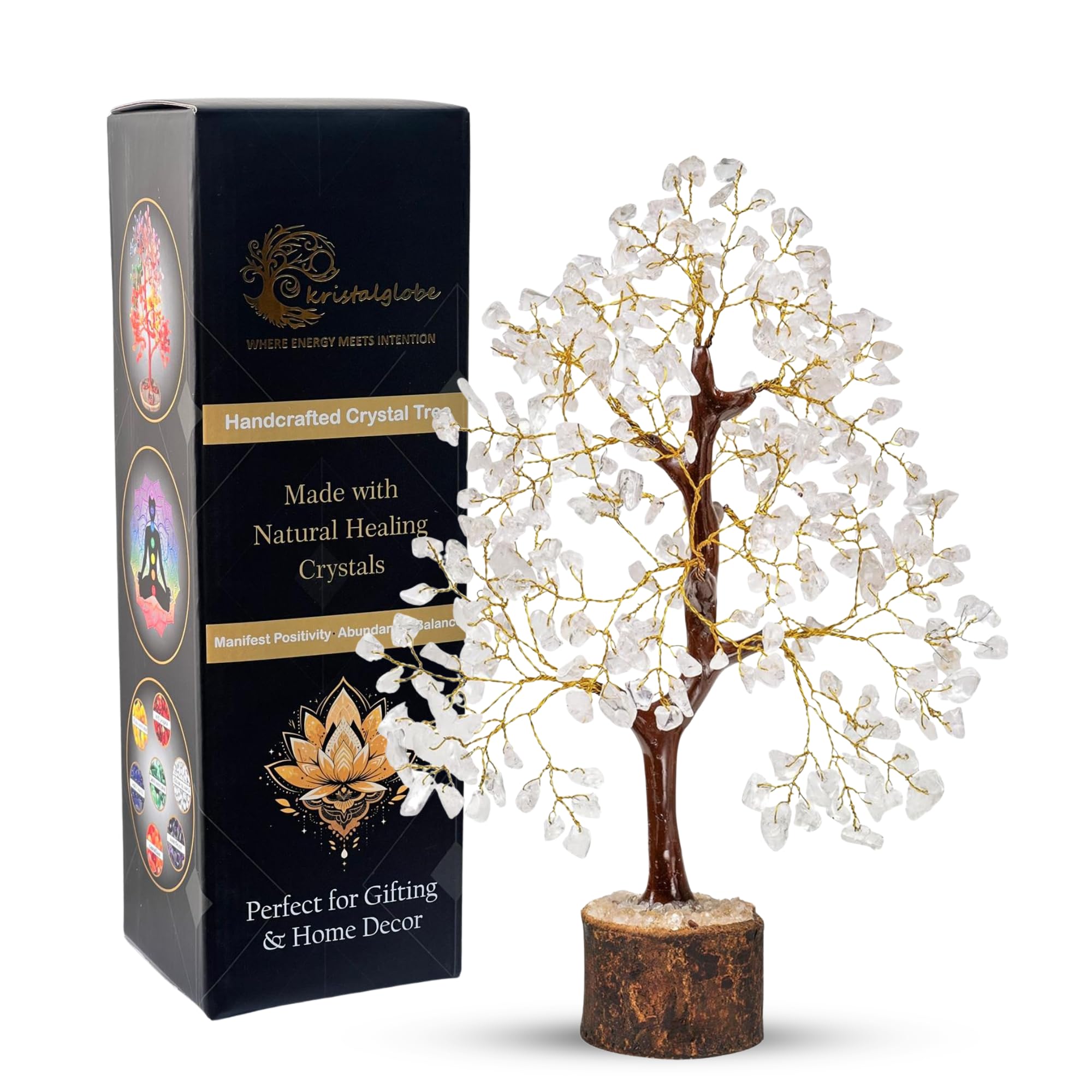 kristalglobe Clear Quartz Crystal Tree of Life 300 Beads – Clarity & Positive Energy Healing Tree, Minimal Crystal Bonsai Decor, Feng Shui Meditation Desk Ornament, Spiritual Gift for Women